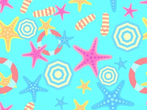 Summer beach seamless pattern with starfish, beach umbrellas and inflatable.. 스톡 일러스트