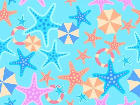 Summer beach seamless pattern with starfish, beach umbrellas and inflatable.. 스톡 일러스트