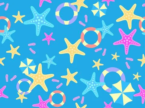 Summer beach seamless pattern with starfish, beach umbrellas and inflatable.. 스톡 일러스트