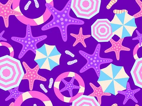 Summer beach seamless pattern with starfish, beach umbrellas and inflatable.. 스톡 일러스트