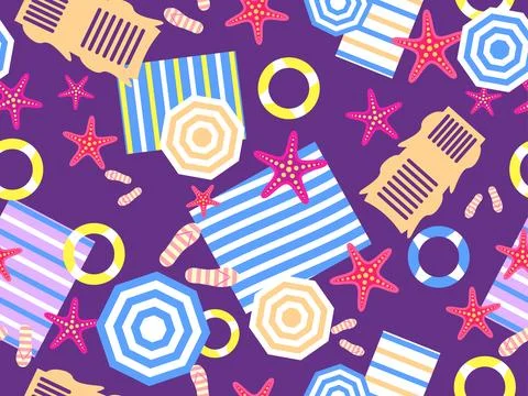 Summer beach seamless pattern with starfish, beach umbrellas and inflatable.. 스톡 일러스트