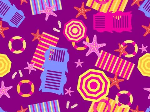 Summer beach seamless pattern with starfish, beach umbrellas and inflatable.. 스톡 일러스트