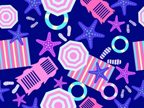 Summer beach seamless pattern with starfish, beach umbrellas and inflatable.. 스톡 일러스트