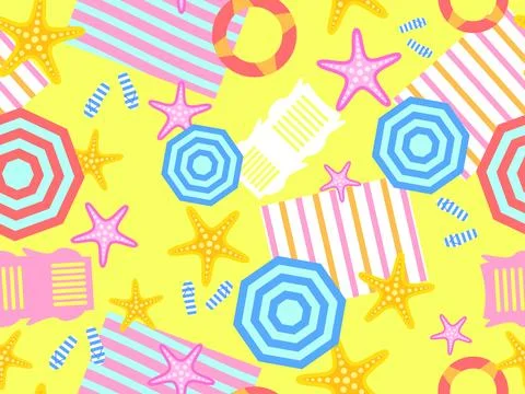 Summer beach seamless pattern with starfish, beach umbrellas and inflatable.. 스톡 일러스트