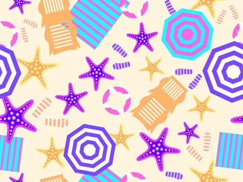Summer beach seamless pattern with starfish, beach umbrellas and inflatable.. 스톡 일러스트