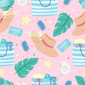 Summer beach seamless pattern with striped bag, hat and palm leaves. Stock Illustration