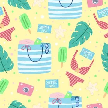 Summer beach seamless pattern with striped bag, ice cream, swim wear. Illustrazione stock