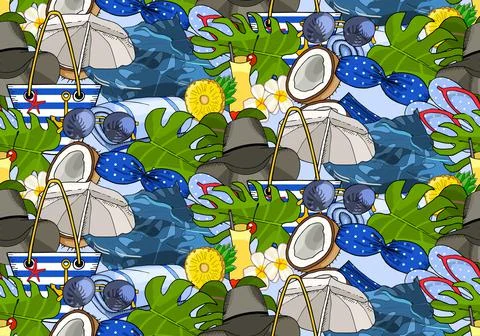 Summer beach seamless pattern. Vector hand drawn illustration Stock Illustration