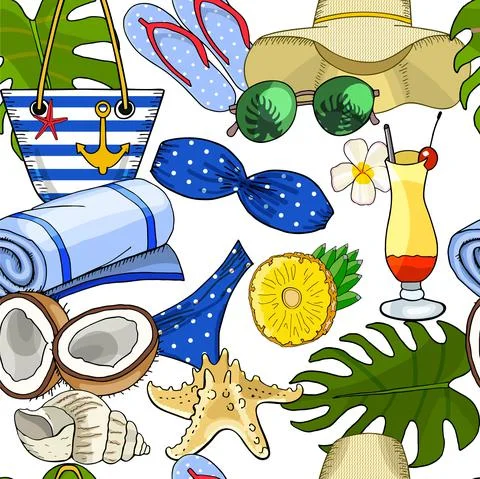 Summer beach seamless pattern on white background Stock Illustration