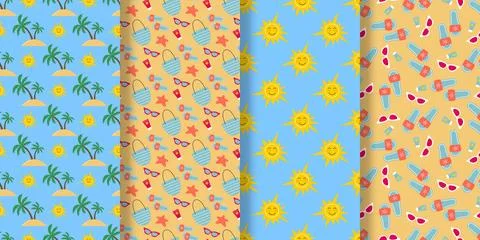 Summer beach seamless patterns set Stock Illustration