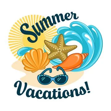 Summer beach with seashells sunglasses wave and sun vector illustration Stock Illustration