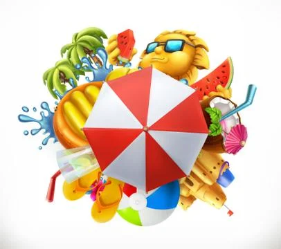 Summer beach set. 3d vector icon Stock Illustration