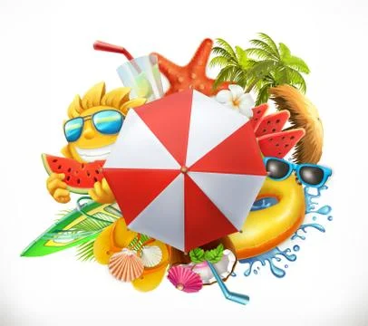 Summer beach set, 3d vector icon Stock Illustration