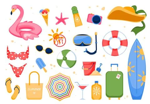 Summer beach set - sun umbrella, swimsuit, sunglasses, swimming circle, surfboar Stock Illustration
