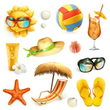 Summer beach, set of vector icons Illustrazione stock