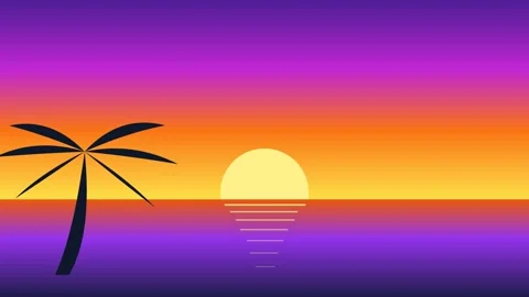 Summer Beach Sunset Gradient with a flat sun, palm silhouettes and 4K Loop Видео 346126289