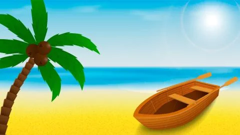 Summer beach template with rowing boat and palm tree on a foreground and trop Stock Illustration