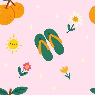 Summer beach theme pattern with slippers, flowers, oranges in style y2k Illustrazione stock