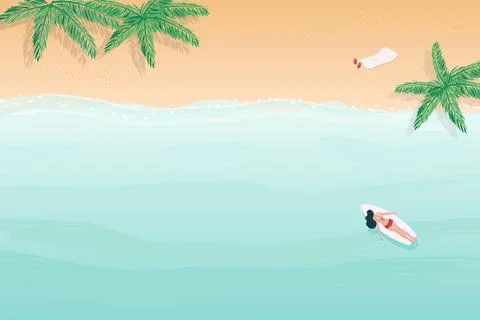 Summer beach top arial view background watercolor style with woman on surf bo Stock Illustration