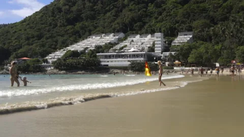 Summer beach with tourists Video stock 221381685