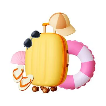 Summer beach travel 3d render concept. Realistic plastic suitcase, slippers and Stock Illustration