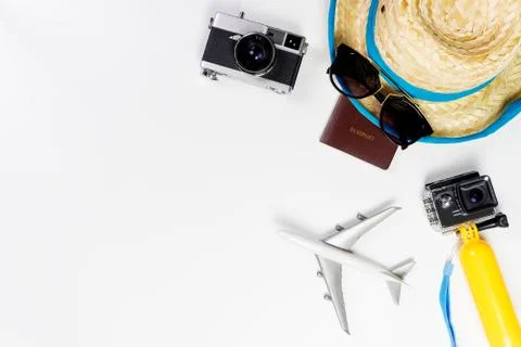 Summer Beach travel objects and gadgets on white background Stock Photos