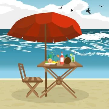 Summer on the beach: umbrella, sun, table, cocktail, coconut. Ve Stock Illustration