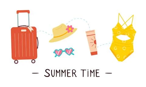 Summer beach vacation accessories: red suitcase, straw hat, sunglasses Stock Illustration