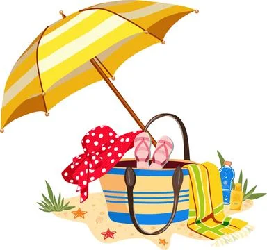 Summer beach vacation composition with umbrella and bag Stock-Illustration