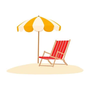 Summer Beach Vacation Concept with Striped Deck Chair and Umbrella Isolated.. Stock Illustration
