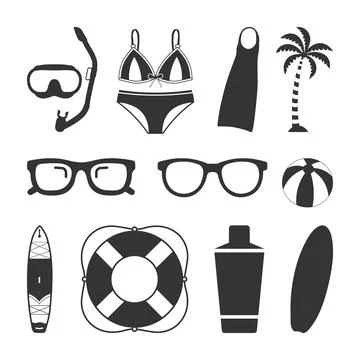Summer beach vacation elements collection Silhouette, bikini, ice crime, tree Stock Illustration