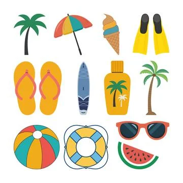 Summer beach vacation elements collection, ball, ice crime, tree Stock Illustration