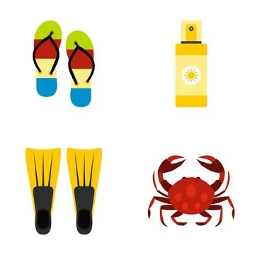 Summer beach vacation essentials flat vector icons set Illustrazione stock