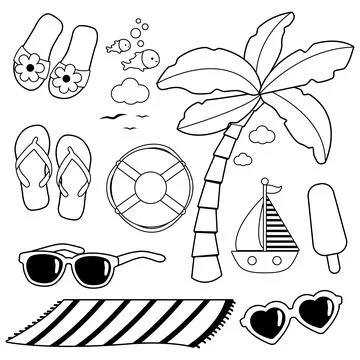 Summer beach vacation objects. Vector black and white coloring page. Stock Illustration