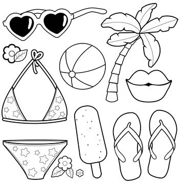 Summer beach vacation objects. Vector black and white coloring page. Stock Illustration
