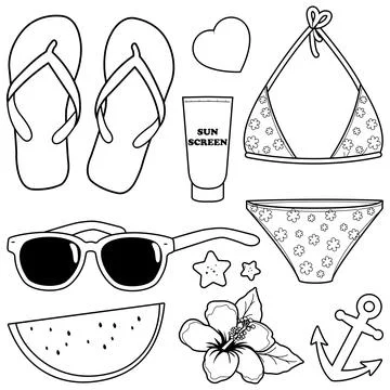 Summer beach vacation objects. Vector black and white coloring page. Stock Illustration