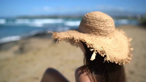 Summer beach vacation panoramic young woman with straw hat on Caribbean getaway Stock Footage 124181915