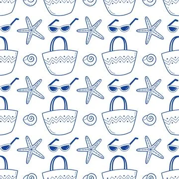 Summer beach vacation seamless pattern with blue line art icons of sunglasses Stock-Illustration