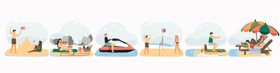 Summer beach vacation set, vector illustration. People sunbathing making sand Stock Illustration