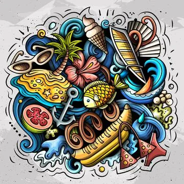 Summer beach vector doodles illustration. イラスト素材