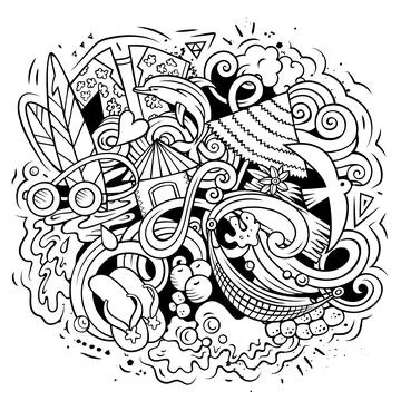 Summer beach vector doodles illustration. Stock Illustration