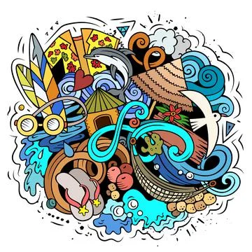 Summer beach vector doodles illustration. Stock Illustration