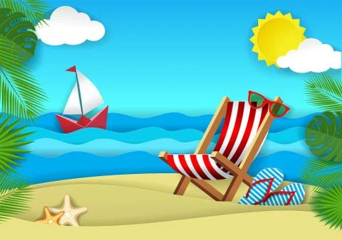 Summer beach vector paper cut illustration Stock Illustration