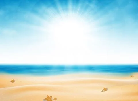 Summer beach view of sun burst with blue sky background. Stock Illustration