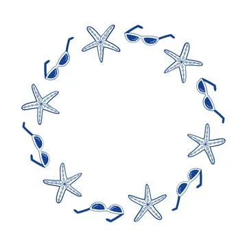 Summer beach wreath frame with blue line art starfish and sunglasses, round Stock Illustration