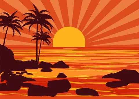 Summer beatiful sunset backgrounds coast seashore with mountaines stones beach 스톡 일러스트