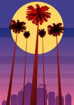 Summer beatiful sunset backgrounds with palms trees cityscape, sky horison Stock Illustration