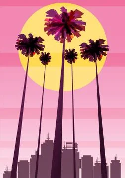 Summer beatiful sunset backgrounds with palms trees cityscape, sky horison Stock Illustration