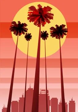 Summer beatiful sunset backgrounds with palms trees cityscape, sky horison Stock Illustration