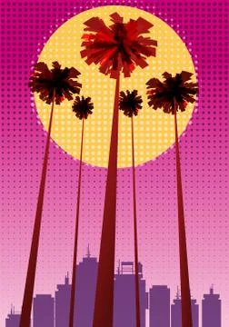 Summer beatiful sunset backgrounds with palms trees cityscape, sky horison dots Stock Illustration